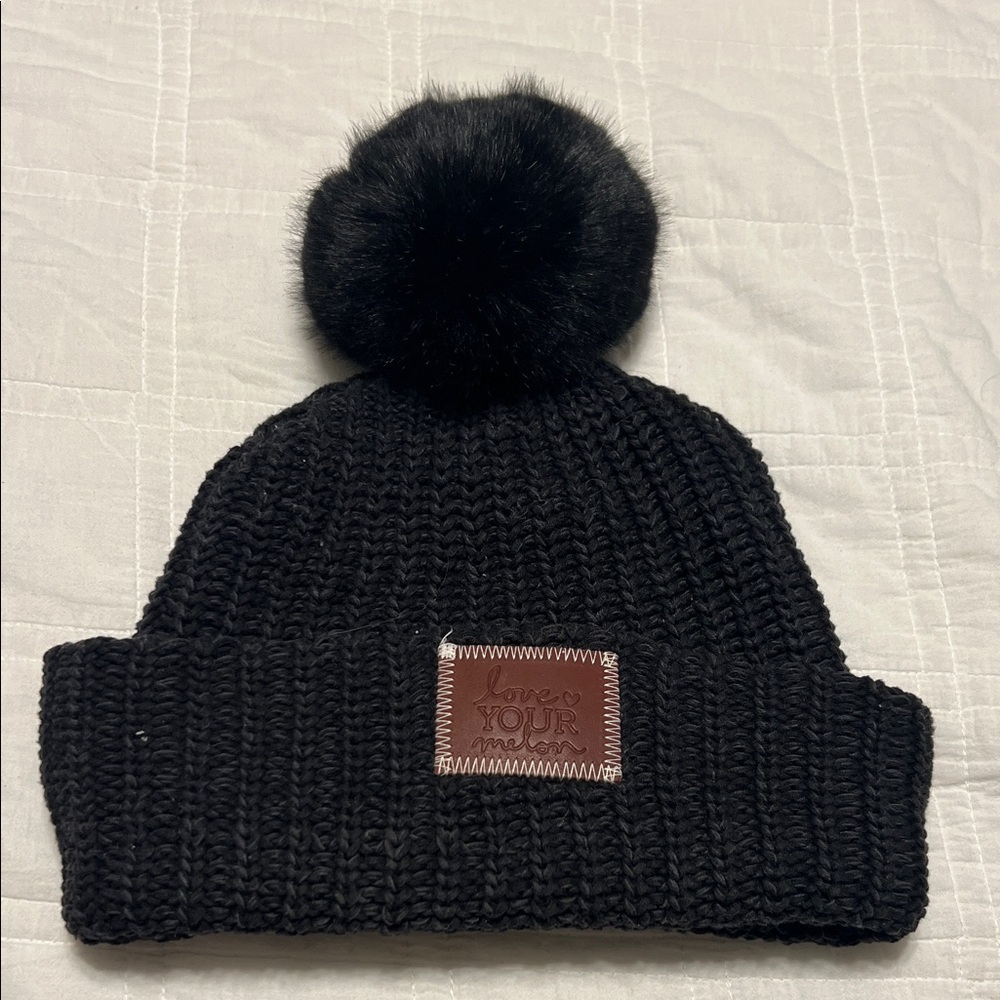 Love Your Melon Black Knit Beanie with detachable black Pom Pom - Picture 1 of 4